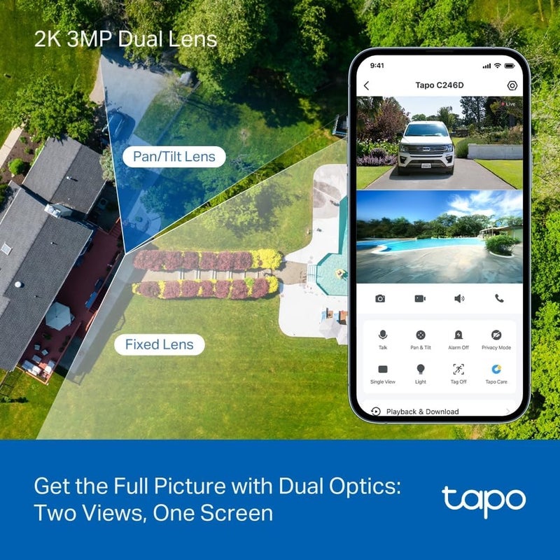 tapo 2K 3MP Indoor/Outdoor Dual Lens Pan/Tilt Security Camera – 125° Wide-Angle + 6mm Telephoto, Free Person/Vehicle Detection, 360° View, SD/Cloud, Works w/Alexa & Google Assistant – HybridCam Duo - Image 1
